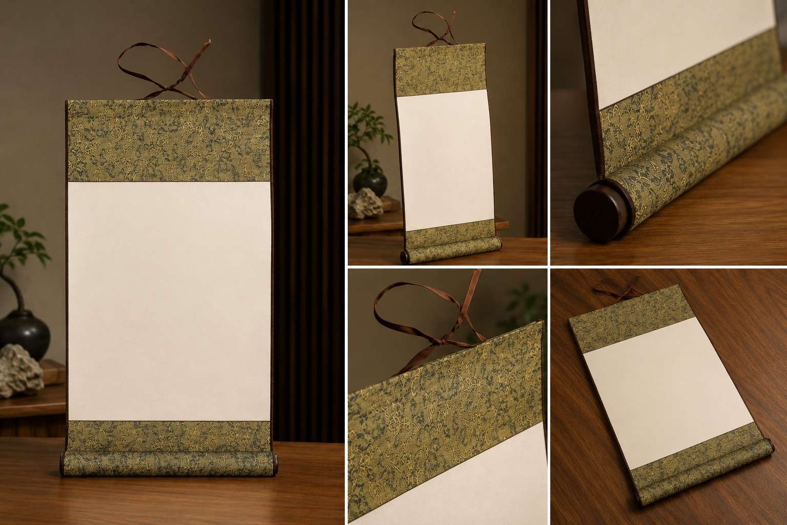 Pergament de hartie pentru caligrafie, pictura artistica, pentru agatat pe perete, necompletat, din hartie chinezeasca Xuan, brocart verde (cod B92L)