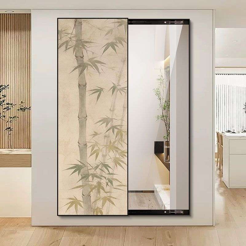 Tablou decorativ cu oglinda – model Bambus Zen, stil chinezesc traditional, 40×120 cm, rama aurie, glisare stanga (cod B121L)