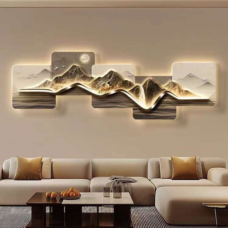 Tablou decorativ cu LED, imagine munte, fundal maro, Eleganta si lumina in sufrageria ta, 35×135 cm (cod B118L)