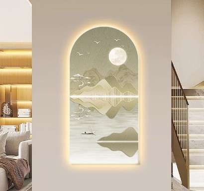 Tablou decorativ LED 50×120 cm – Peisaj cu luna si munte, echilibru, serenitate (cod B122L)